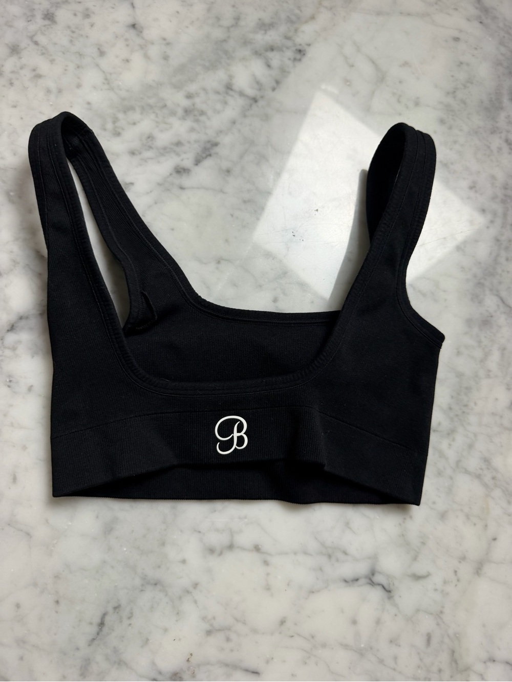 Bombshell Sportswear Black Seamless Crop Sports Bra with White 'B' Logo